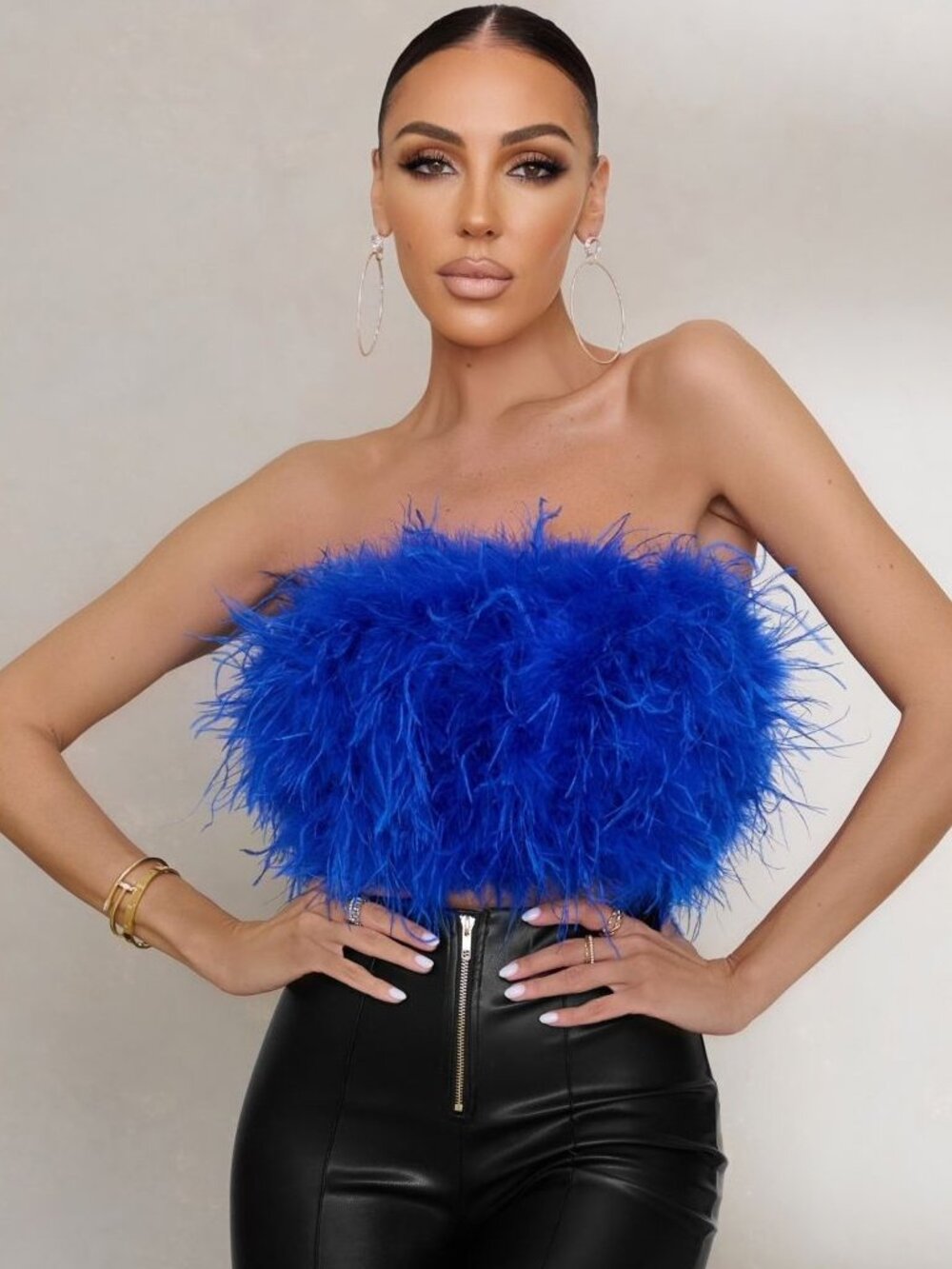 ๐ฅCHIC SEXY GLAM!๐ฅLAMARQUE x REVOLVE ZAINA COBALT LUXURIOUS OSTRICH FEATHER TOP - Picture 6 of 15